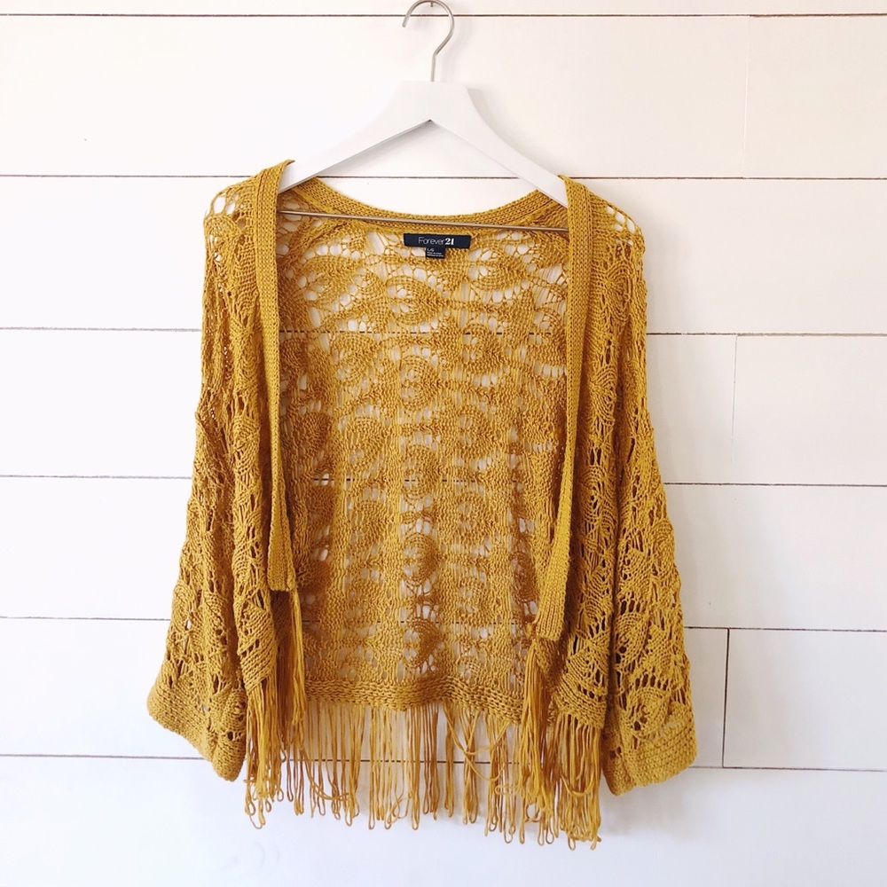 Mustard yellow boho crochet fringe shawl cardigan